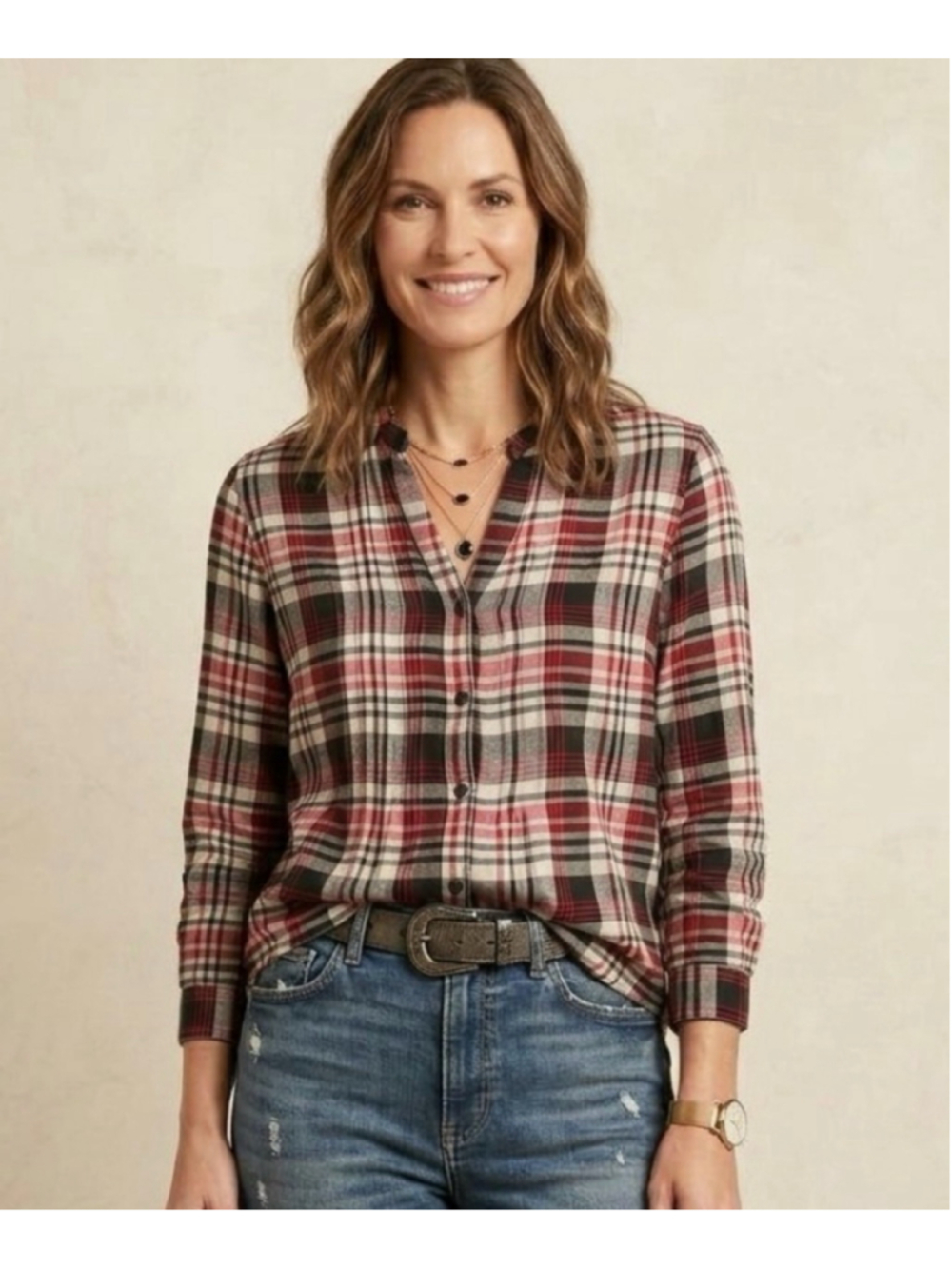 Saks Fifth Avenue Women’s Plaid Button Down Shirt, Size S, Red and Black 2054